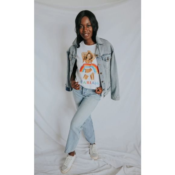 NEW Daydreamer Mariah Carey Rainbow Shrunken Tee Optic White Women's Size XS - Picture 7 of 13